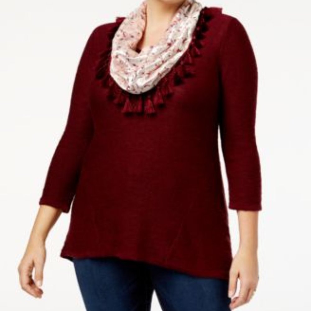 Pullover Sweater and Velvet Scarf with Tassels